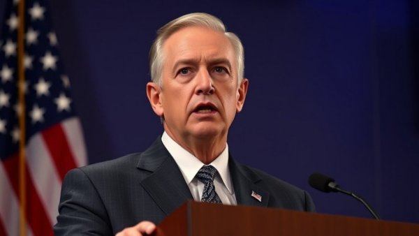 Serious man speaking at podium with flags, blue lighting.