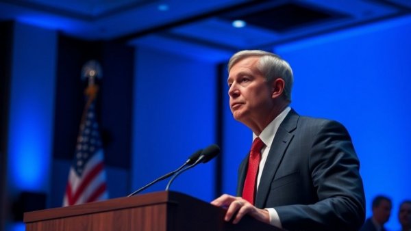 Serious speaker at podium in conference hall, engaging audience