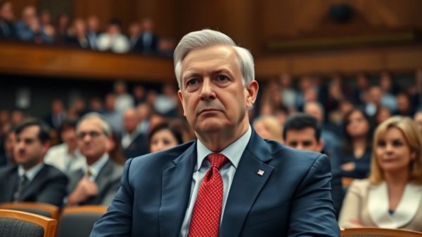 Formal hearing scene with focused individual in a blue suit.
