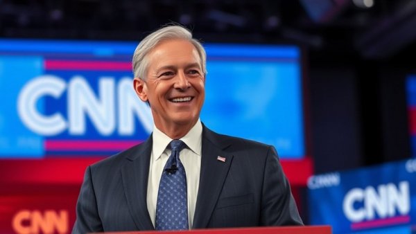 Smiling man at CNN debate podium with blue backdrop.