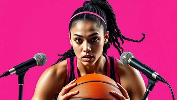 Female athlete in graphic collage holding basketball, 'how to appropriately cover women’s sports'.