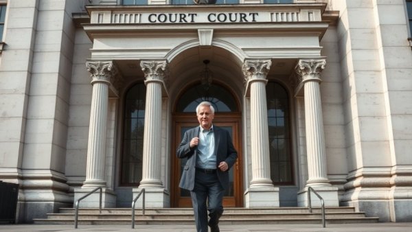 Man walking past a court building entrance related to telehealth access for mifepristone.