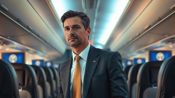 Man inside airplane cabin discussing tariff policy, national emblem on screen.