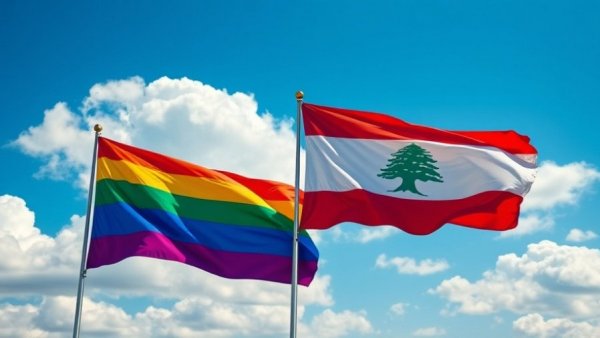 LGBTQ+ pride and Lebanese flags waving, signifying safe spaces.