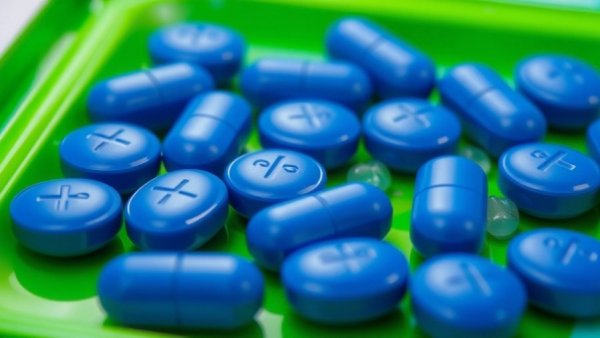 PrEP Belly: Close-up of blue pills on a green tray.