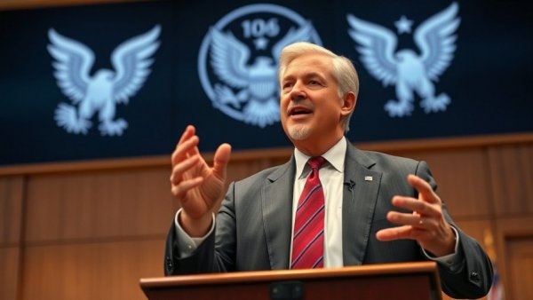 Prominent figure speaking passionately at a public event with patriotic flags in background, Trump Bible Understanding.