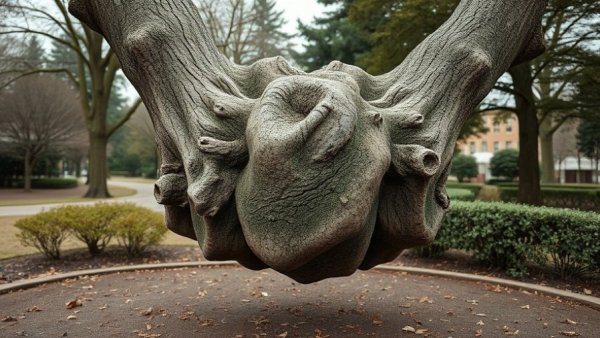 Optical illusion art of a floating tree trunk in a park setting.