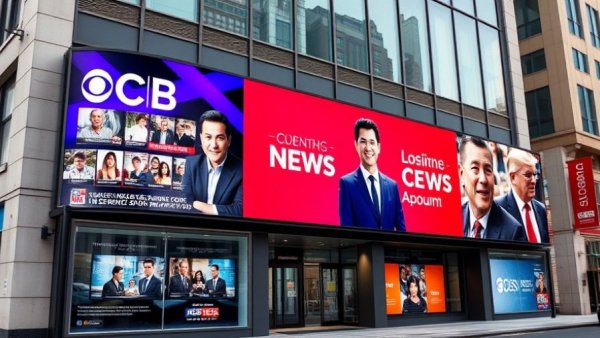 CBS News building with show banners featuring journalists