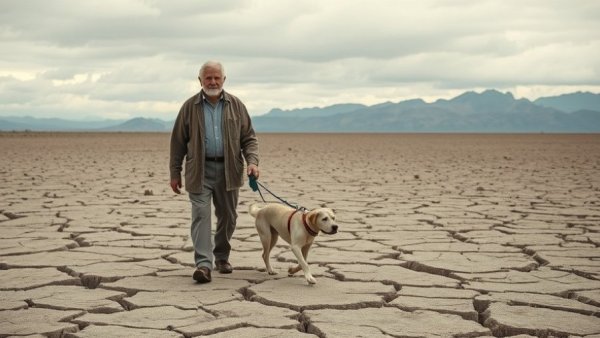 Older man and dog in drought-stricken Western U.S. landscape