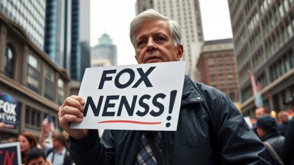 Protest sign accusing Fox News of bias in urban setting.