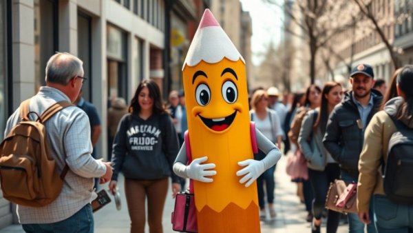 Pencil mascot engaging with people on Oregon street, promoting candidacy.