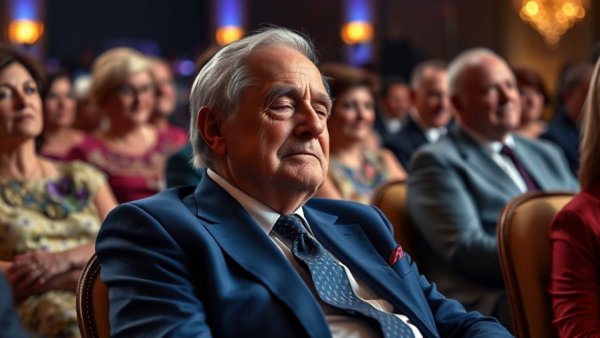 Elderly man in blue suit asleep at formal event, vibrant background.
