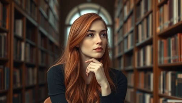 J.K. Rowling in library setting, contemplative mood.