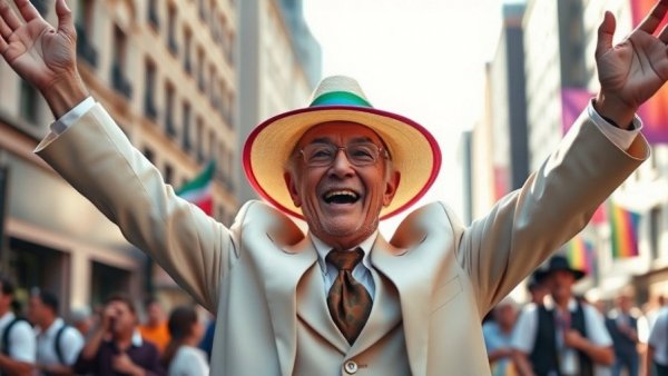 Elderly man joyfully celebrating LGBTQ rights in city parade.