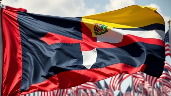Missouri state flag waving prominently with US flags in background.