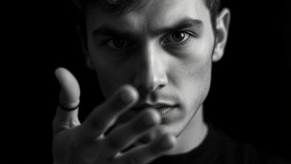 Monochrome portrait of a designer with hands outstretched.