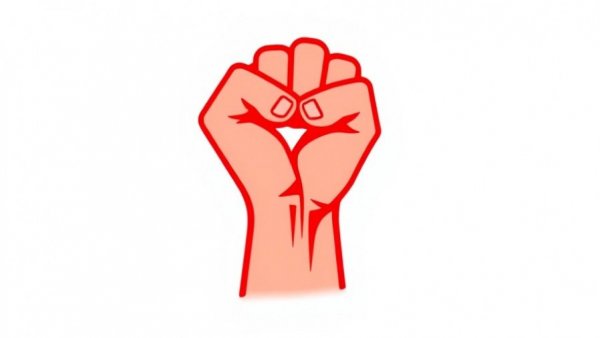Bold red fist symbolizing unity and strength on a white background.