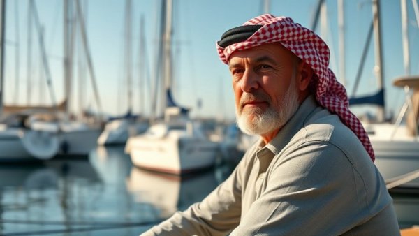 Gaza Flotilla activist sitting in a marina with boats, wearing a keffiyeh.