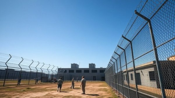 Prison yard environment highlighting barbed wire fence under sunlight