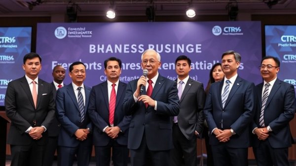 Conference event depicting business leaders, addressing attendees.