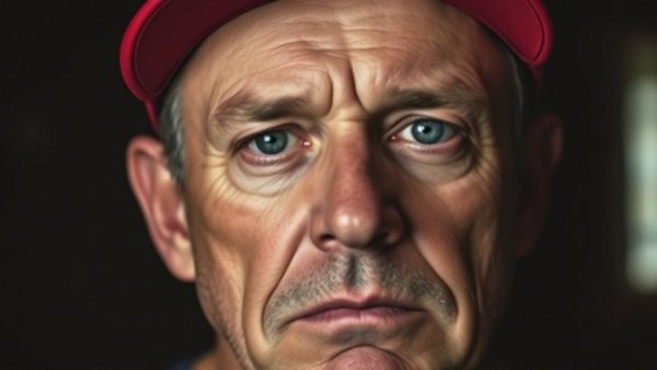 Middle-aged man with USA cap looking serious in dark background.