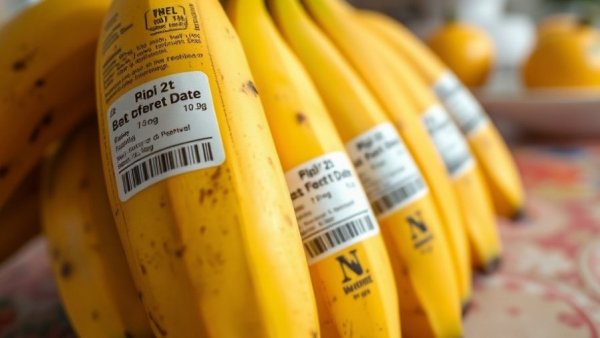 Close-up of bananas with labels emphasizing best before date and food waste
