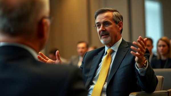 Businessman discussing in a formal setting, U.S. counterterrorism strategy topic.