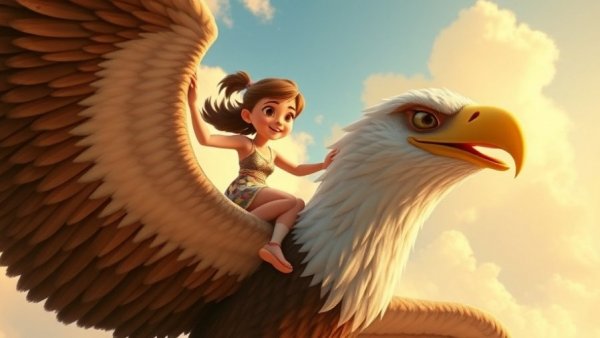 Laika's Wildwood: Girl rides giant eagle in 3D cartoon style.