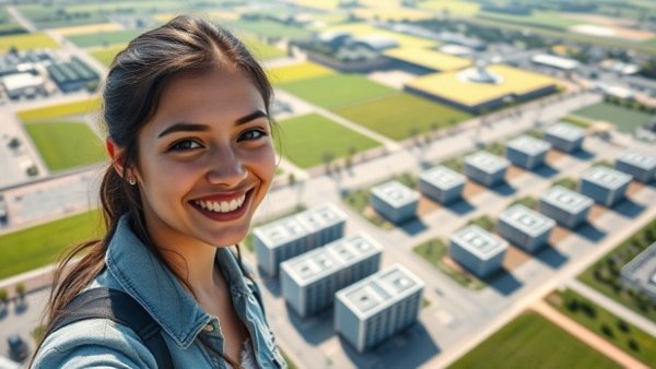 AI data center resistance illustrated with a modern facility and smiling woman.
