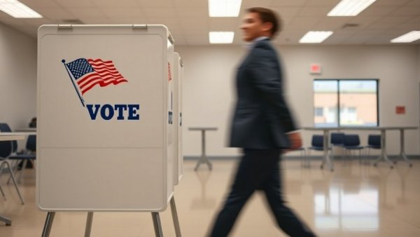 Polling station with 'Vote' sign and blurred figure representing redistricting voters' rights.