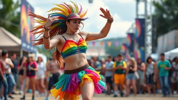 Rochester Pride 2026: Performer in rainbow outfit dancing energetically.