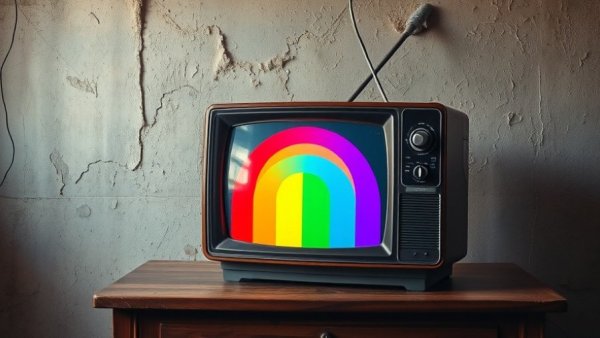Vintage TV with rainbow screen, symbolizing LGBTQ+ content.
