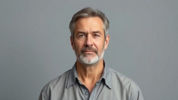 Neutral expression man in orange shirt, plain background.