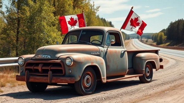 Rusty pickup truck with Alberta flags symbolizing Alberta separatism not inevitable