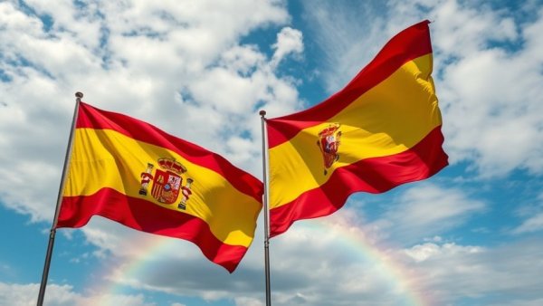 Spanish and rainbow flags symbolizing Spain LGBTQ+ Rights Ranking in a clear sky.