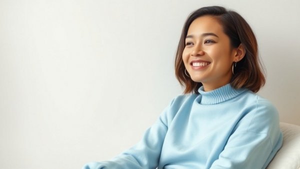 Portrait of a smiling person in light blue top discussing transgender rights news.