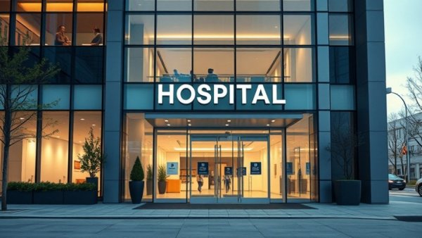 Hospital entrance at night, capturing city life.