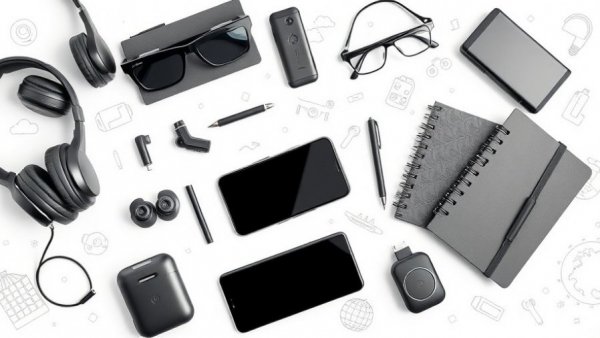 Sleek travel tech essentials including headphones and gadgets.