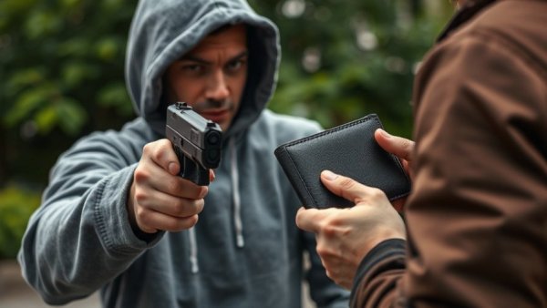 Close-up of armed robbery with handgun and wallet exchange in progress.