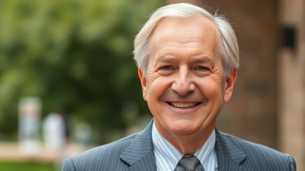 Older man smiling outdoors with green blurred background.