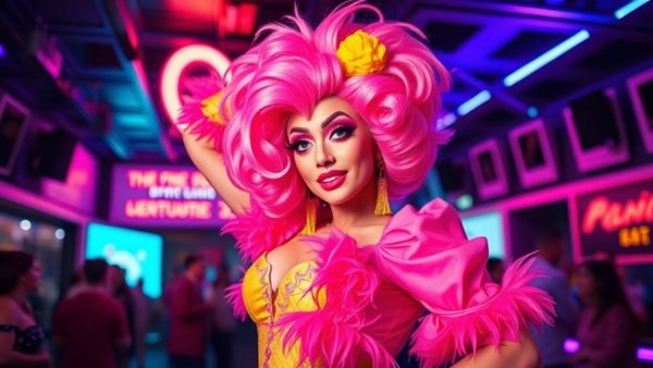 Drag performer in colorful outfit at All Stars 11 event, neon background.