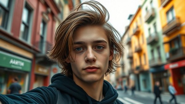 Person with curly hair in an urban setting, close-up selfie.