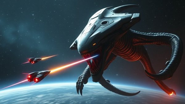 Epic R-Type Dimensions III battle scene with spaceships and alien.
