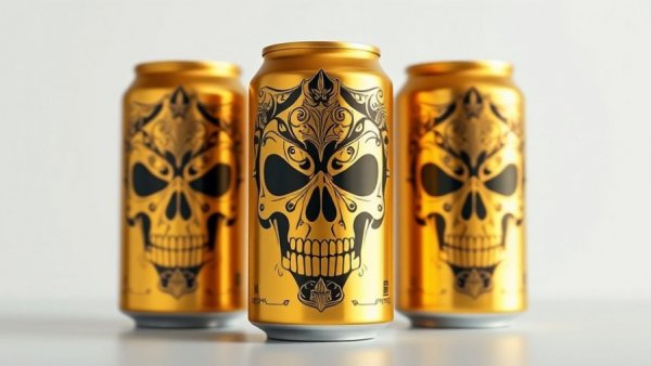 Innovative packaging design trends 2026: Gold can with bold skull design.