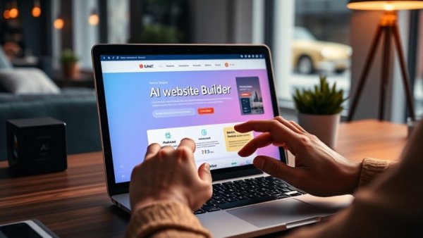 AI Website Builder interface on laptop screen with gesturing hands, futuristic design.