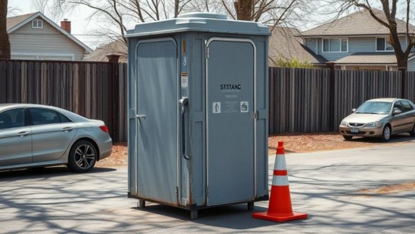 Portable restroom in parking lot under trees, related to transgender rights news.
