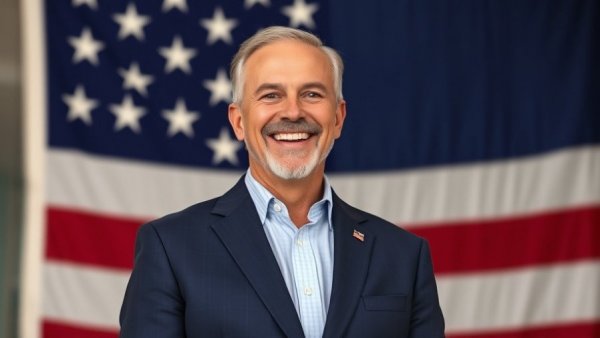 Middle-aged man smiling brightly, American flag background, LGBTQ rights news.