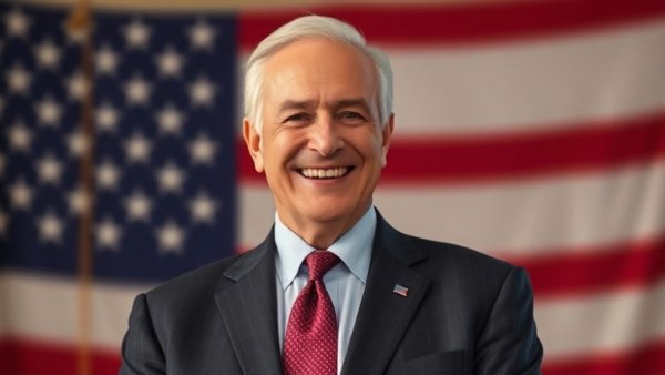 Man in suit smiling against American flag backdrop related to LGBTQ+ politics news.