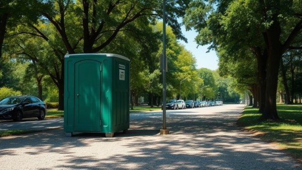 Green portable restroom near a parking lot on a sunny day, related to transgender rights news.