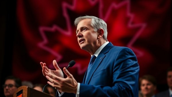 Politician discussing Alberta separatism referendum on stage with maple leaf backdrop.